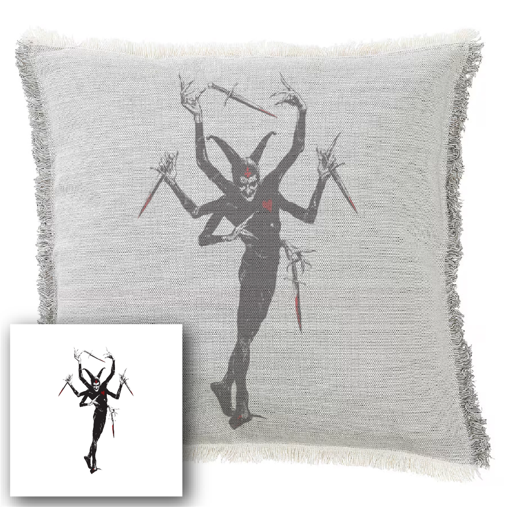 "Devil with Swords" 50cm x 50cm Fringed Cotton/Poly Cushion Cover