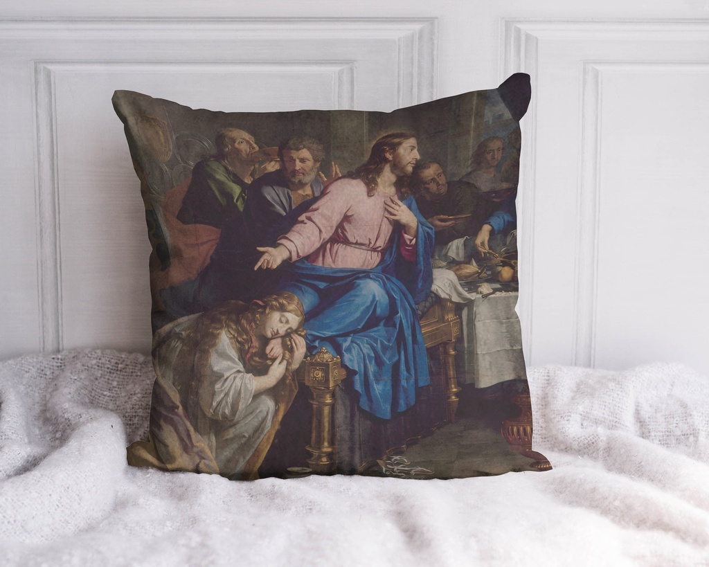 "Mary Magdalene, The Meal at Simon's (Left)" by Philippe de Champaign 40cm x 40cm Faux Leather Cushion Cover