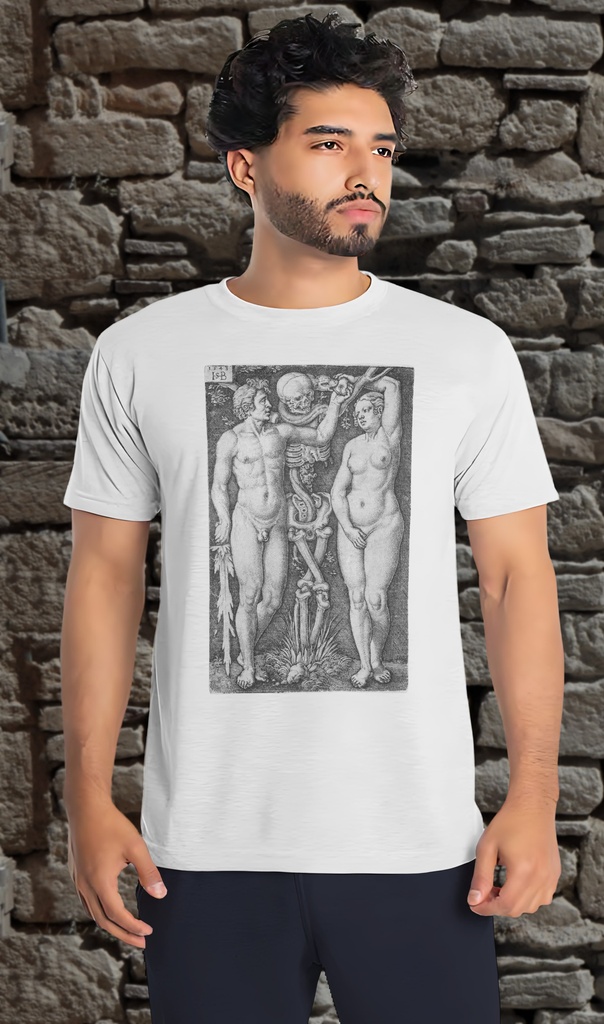 "Adam and Eve by Sebald Beham" T-Shirt Unisex (Small, White)