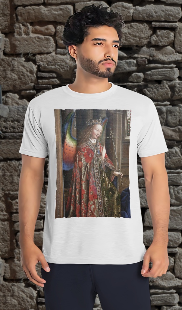 "Archangel Gabriel by Jan van Eycke" T-Shirt Unisex (Small, White)