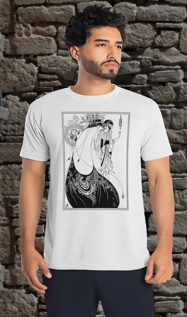 "The Peacock Skirt (1893)" by Aubrey Beardsley T-Shirt Unisex (Small, White)
