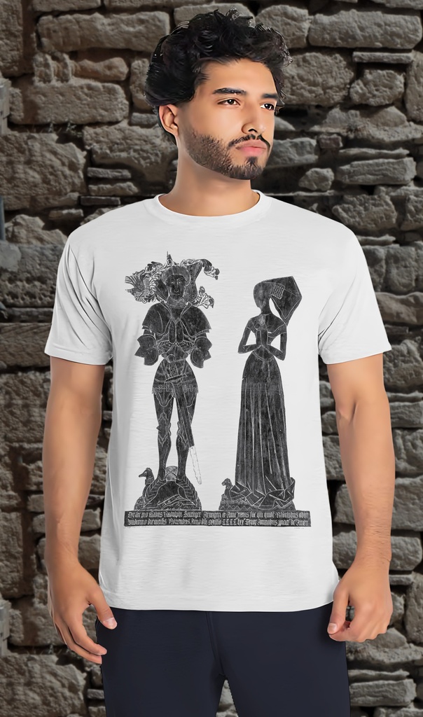 "Brass Rubbing - Ralph St. Leger and his Wife" T-Shirt Unisex (Small, White)