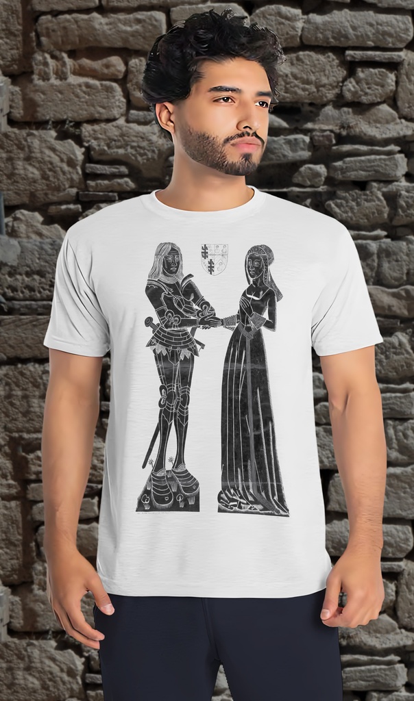 "Brass Rubbing - Sir Walter Mauntell and his wife Elizabeth" T-Shirt Unisex (Small, White)