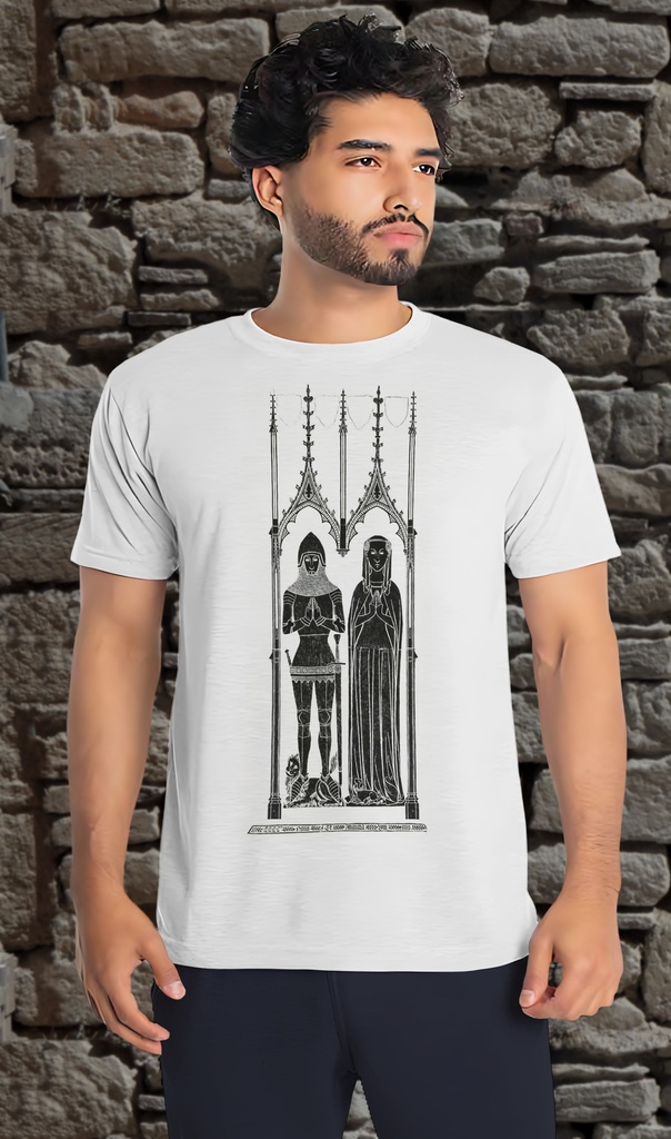 "Brass Rubbing - Sir William and Alianora Burgate" T-Shirt Unisex (Small, White)