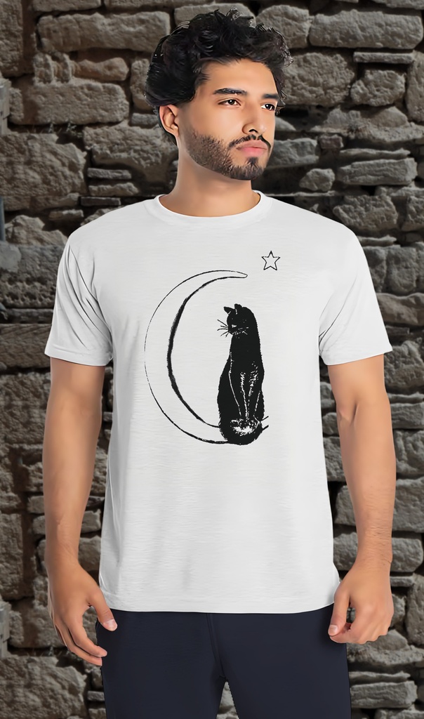 "Cat in the Moon" T-Shirt Unisex (Small, White)