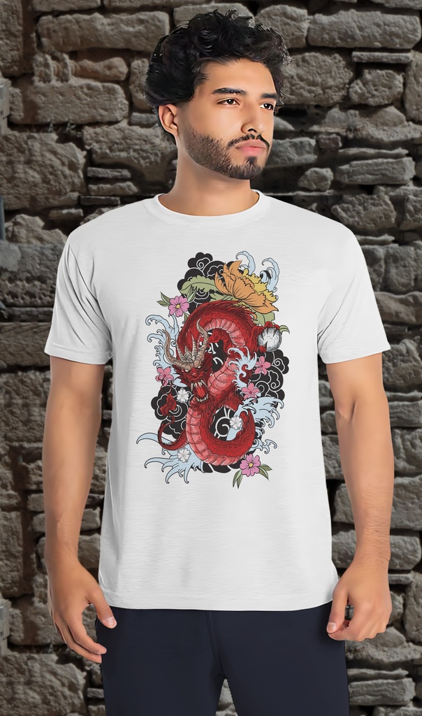 "Chinese Red Dragon" T-Shirt Unisex (Small, White)