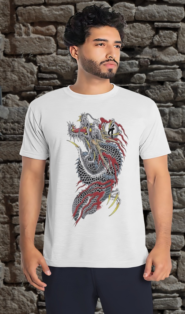 "Chinese Red and Grey Dragon" T-Shirt Unisex (Small, White)