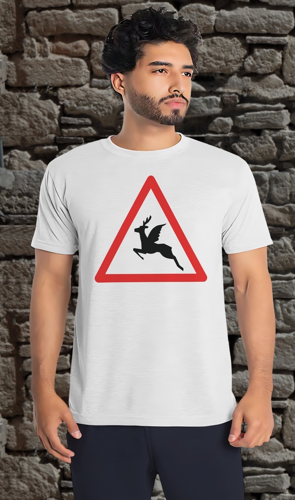 "Warning - Flying Deer!" T-Shirt Unisex (Small, White)