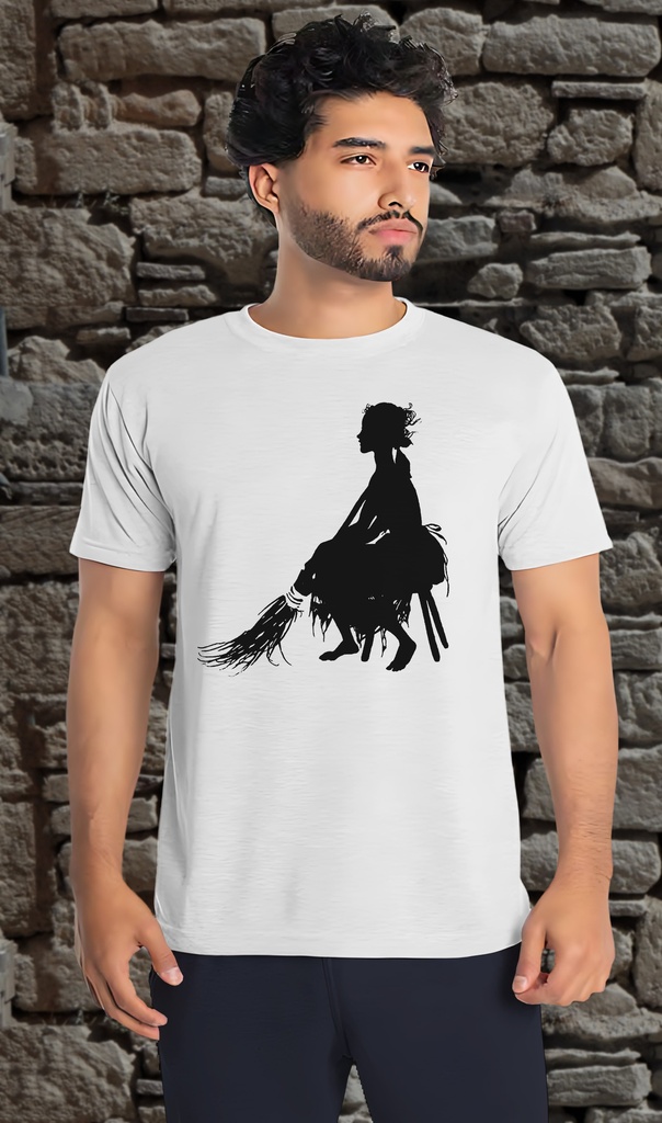 "Cinderella Seated with Broom" T-Shirt Unisex (Small, White)