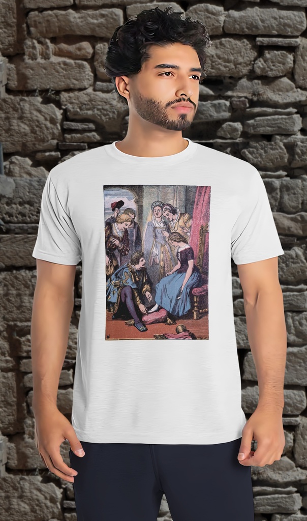 "Cinderella Trying on the Glass Slipper" T-Shirt Unisex (Small, White)