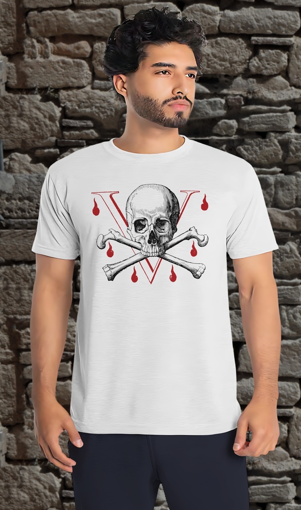 "Skull and Crossbones V" T-Shirt Unisex (Small, White)