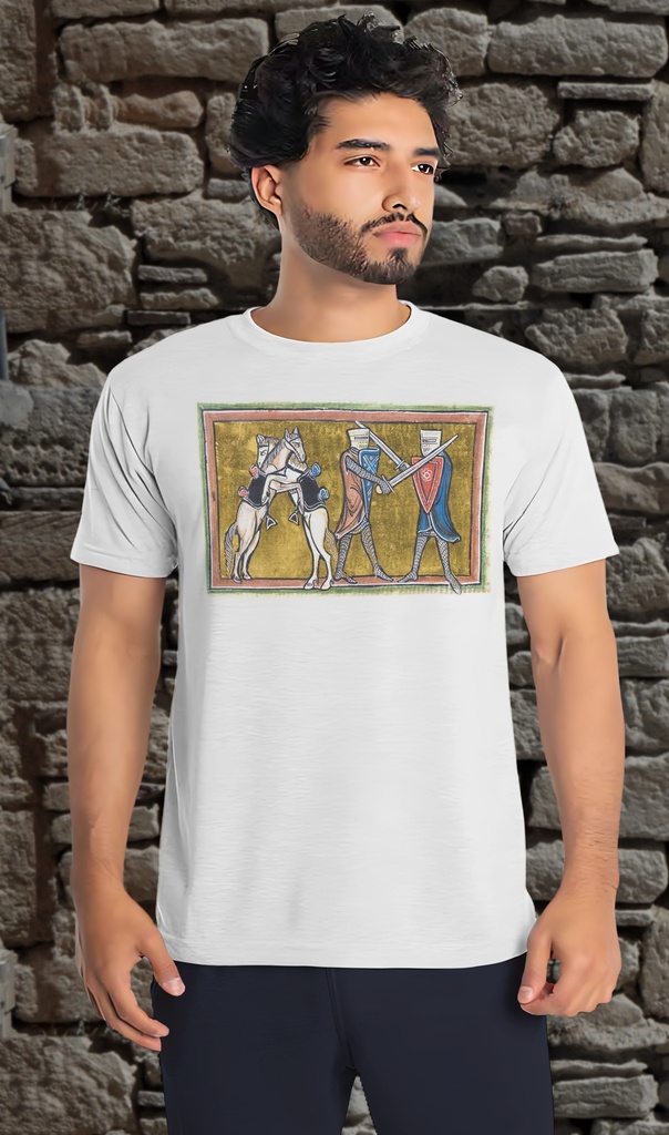 "Knights Fighting, Horses Hugging!" T-Shirt Unisex (Small, White)