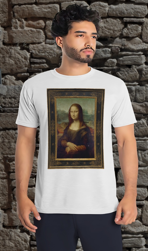 "Mona Lisa Framed" by Leonardo Da Vinci T-Shirt Unisex (Small, White)