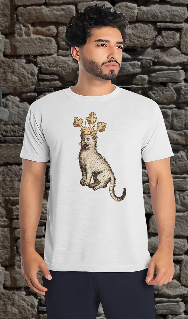"Cat with Crown Medieval" T-Shirt Unisex (Small, White)