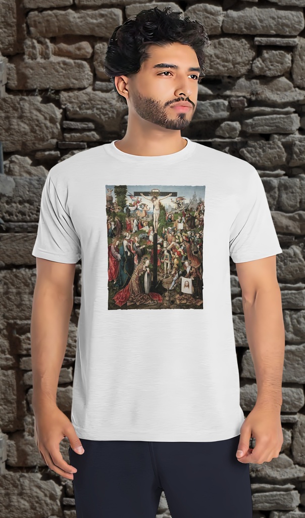 "Christ The Crucifixion" by Jacob Cornelisz van Oostsanen T-Shirt Unisex (Small, White)