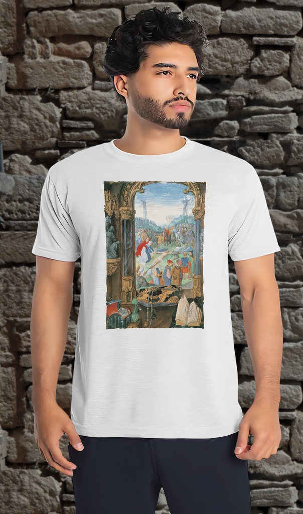 "Mary of Burgundy Book of Hours - Crucifiction" T-Shirt Unisex (Small, White)