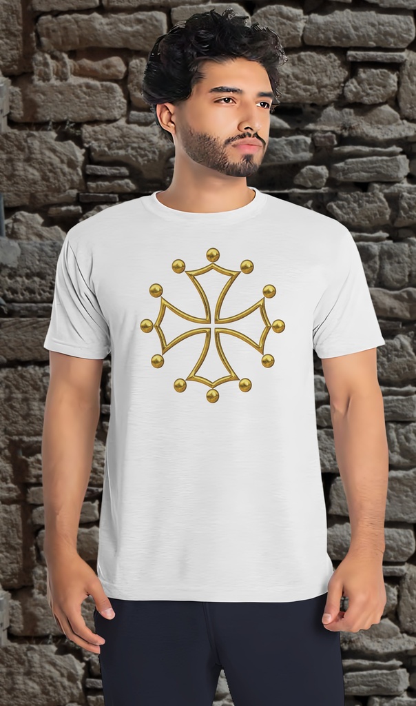 "Occitan Cross Gold" T-Shirt Unisex (Small, White)