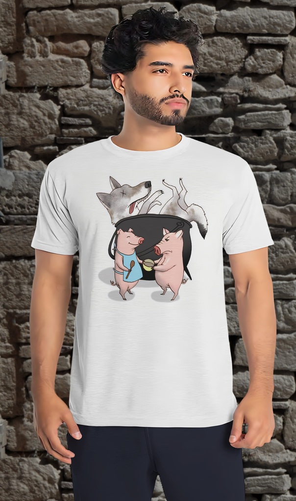 "Pigs Cooking the Wolf" T-Shirt Unisex (Small, White)