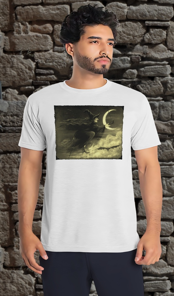 "Ancient Witch on Broomstick" T-Shirt Unisex (Small, White)