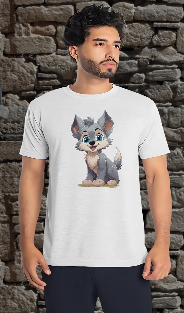 "Cute Cartoon Wolf 01" T-Shirt Unisex (Small, White)