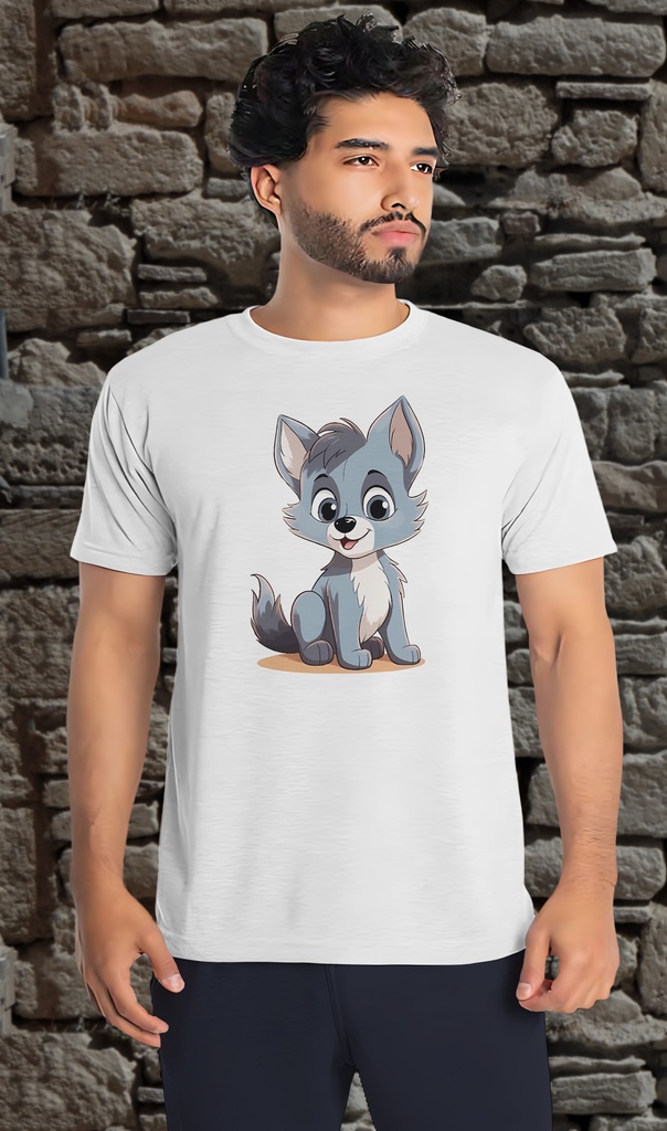 "Cute Cartoon Wolf 03" T-Shirt Unisex (Small, White)
