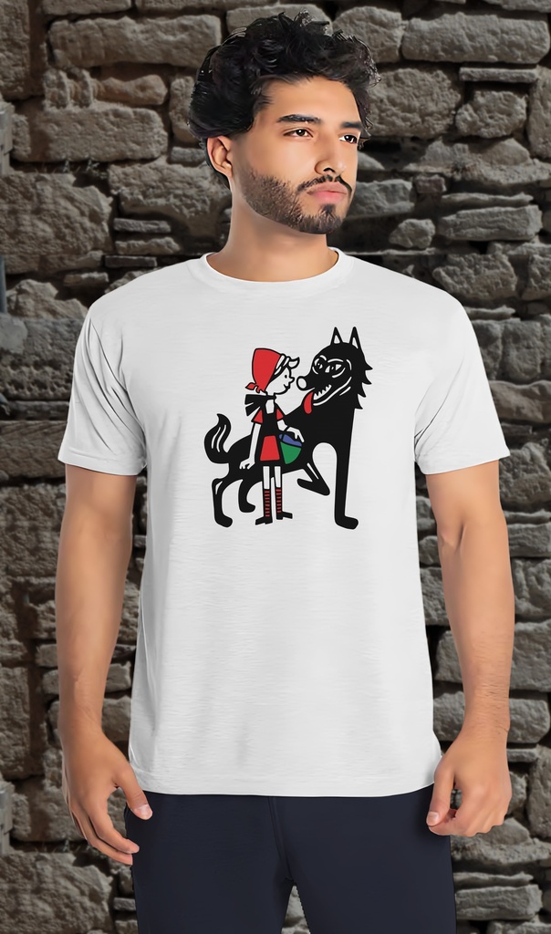 "Little Red Riding Hood and Wolf Cartoon Colour" T-Shirt Unisex (Small, White)