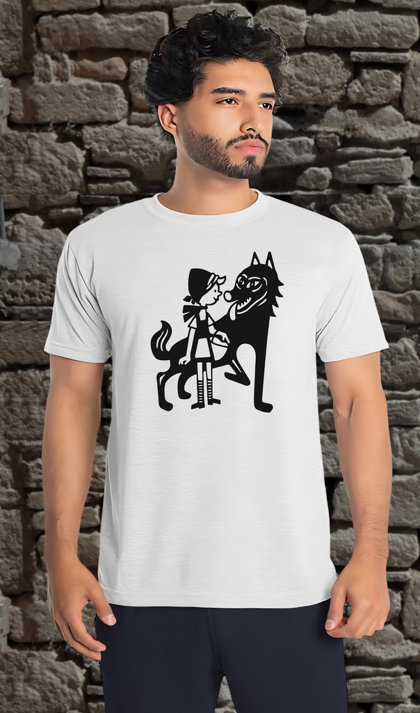 "Little Red Riding Hood and Wolf Cartoon" T-Shirt Unisex (Small, White)