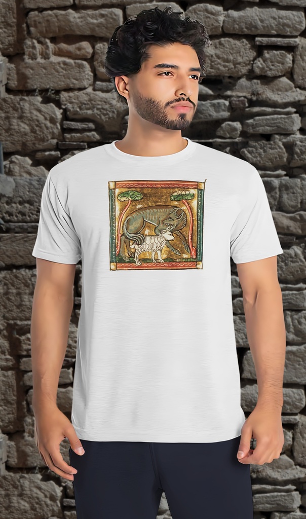 "Manuscript Wolf Eating Sheep" T-Shirt Unisex (Small, White)