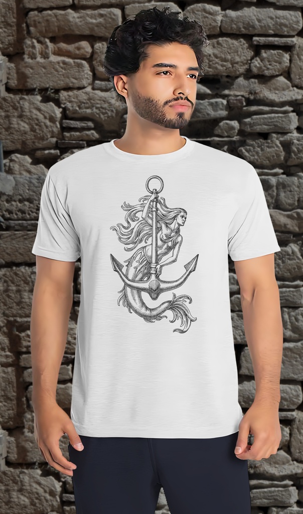 "Mermaid and Anchor" T-Shirt Unisex (Small, White)