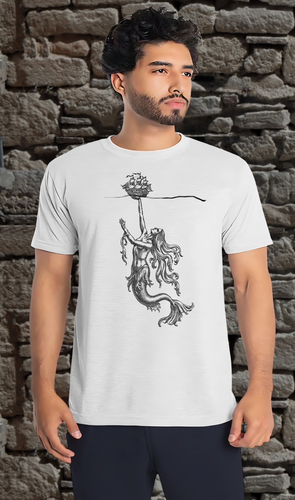 "Mermaid Saving Ship" T-Shirt Unisex (Small, White)