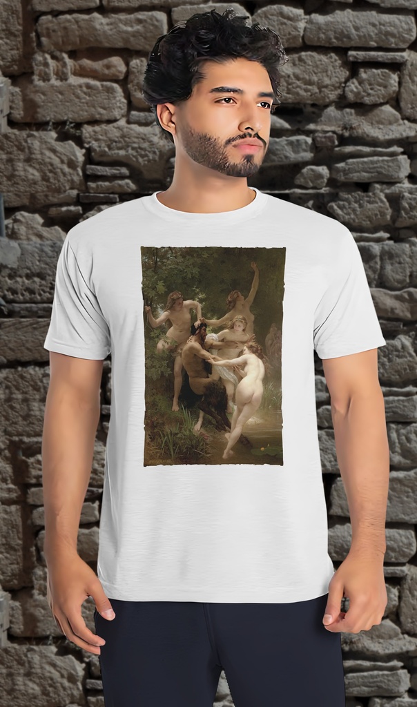 "Nymphs and Satyr" by William Bouguereau T-Shirt Unisex (Small, White)