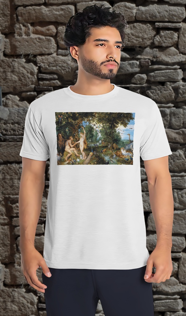 "Adam and Eve in Paradise" by Rubens and Breughel T-Shirt Unisex (Small, White)