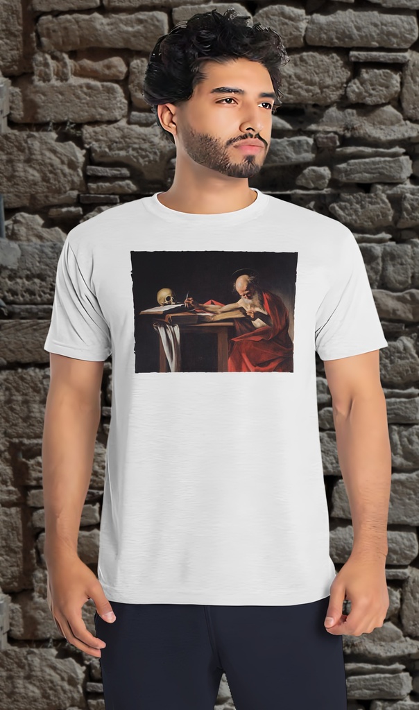 "Saint Jerome" by Caravaggio T-Shirt Unisex (Small, White)