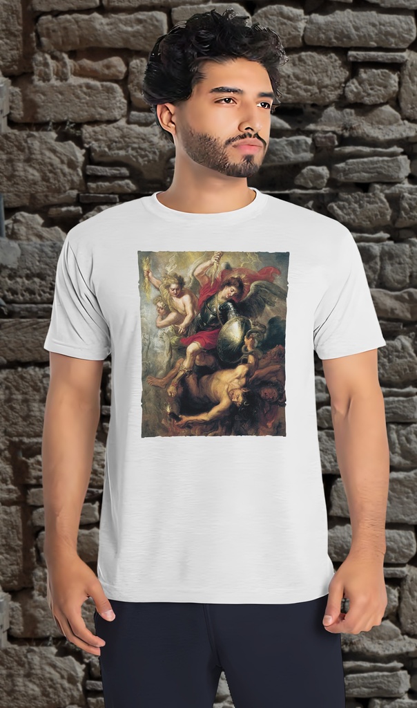"Saint Michael vs Lucifer" T-Shirt Unisex (Small, White)