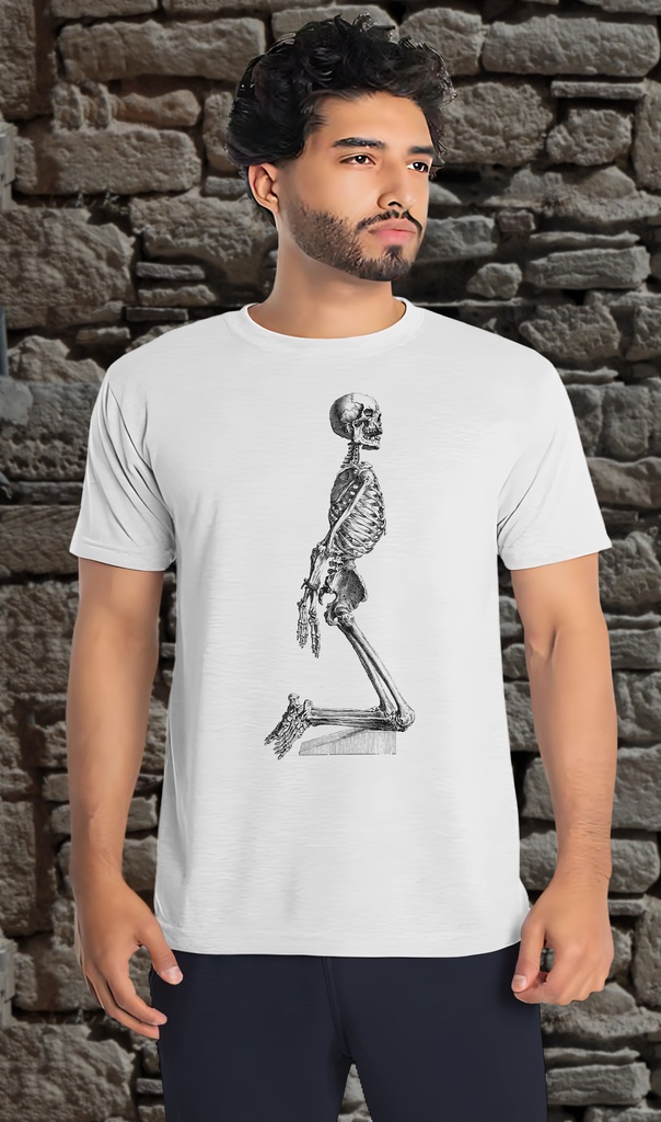 "Skeleton Kneeling, Hands Bound" T-Shirt Unisex (Small, White)