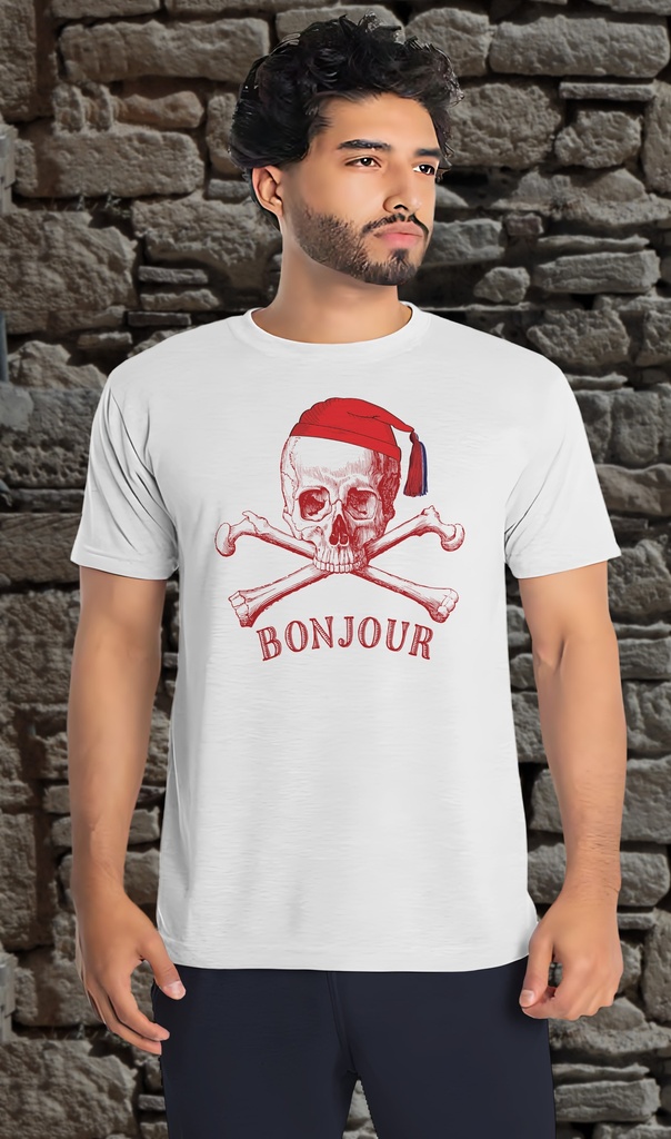 "Skull and Crossbones - Bonjour 2 Red" T-Shirt Unisex (Small, White)