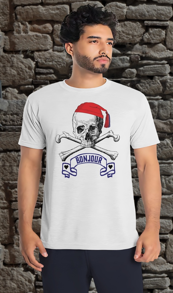 "Skull and Crossbones - Bonjour Blue" T-Shirt Unisex (Small, White)