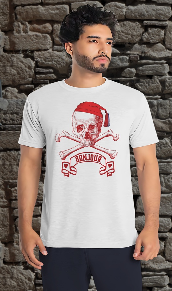 "Skull and Crossbones - Bonjour Red" T-Shirt Unisex (Small, White)