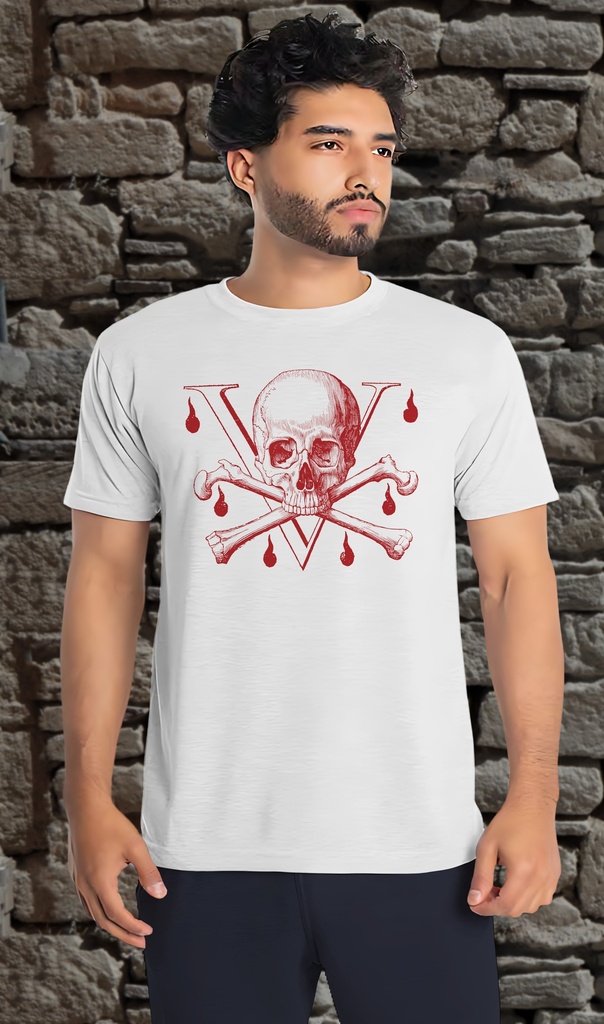 "Skull and Crossbones V Red" T-Shirt Unisex (Small, White)