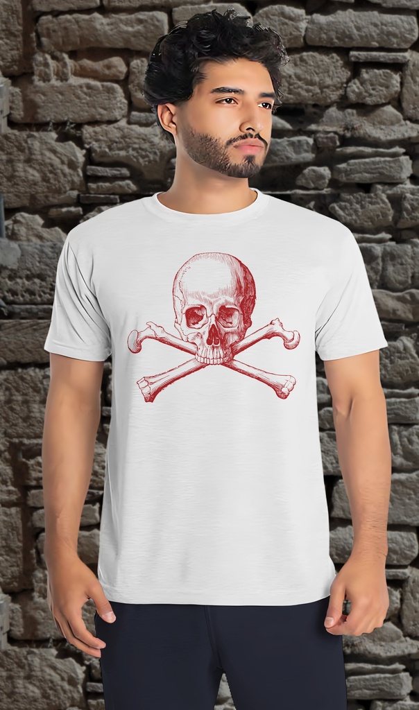"Skull and Crossbones Red" T-Shirt Unisex (Small, White)
