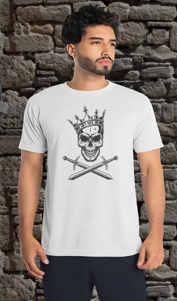 "Skull with Crown and Crossed Swords" T-Shirt Unisex (Small, White)