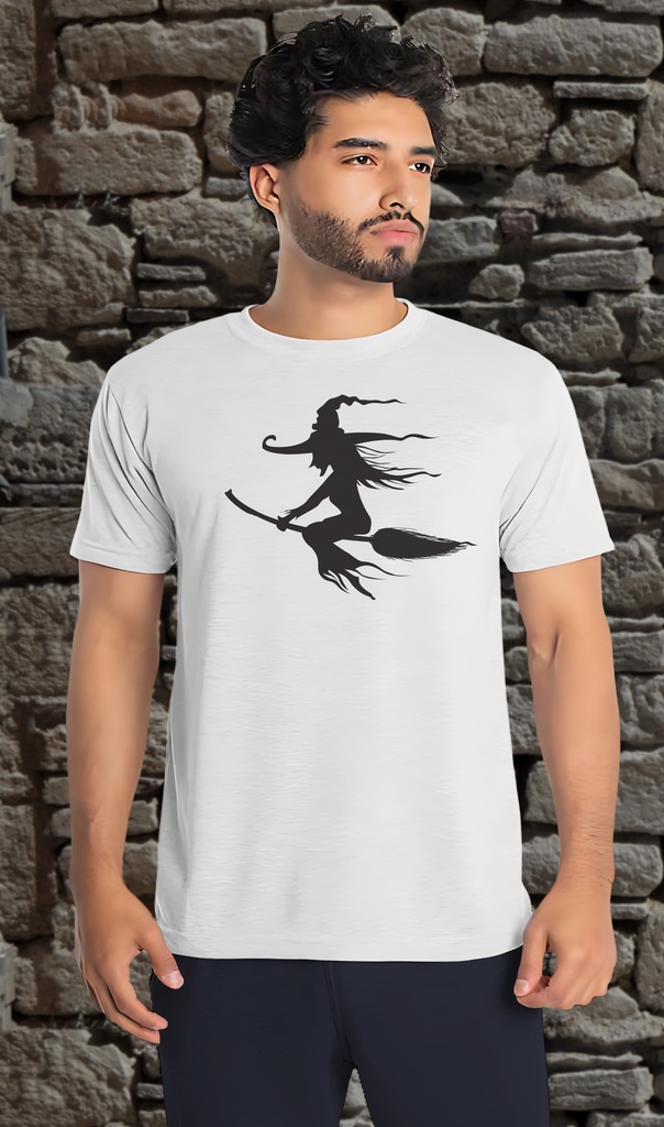 "Witch on a Broomstick Silhouette" T-Shirt Unisex (Small, White)
