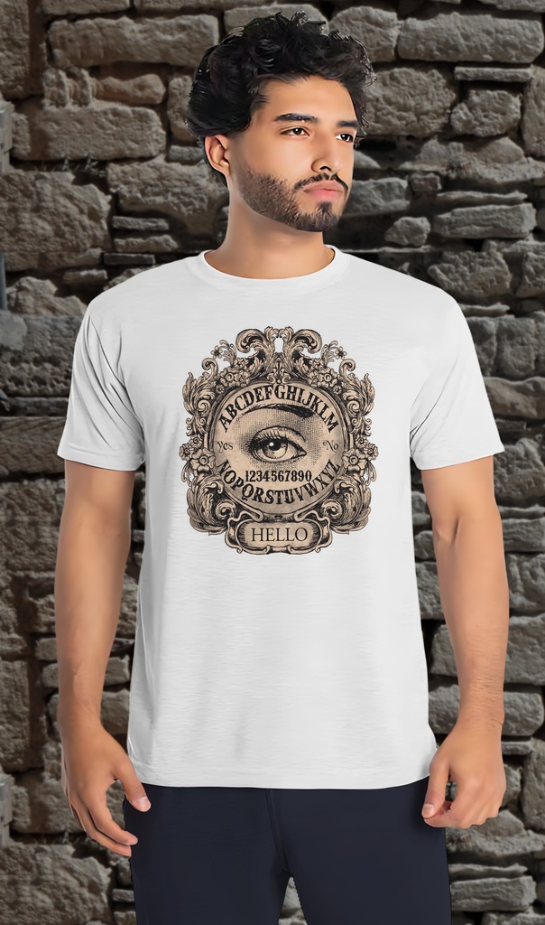 "Ouija Hello Round Sepia" T-Shirt Unisex (Small, White)