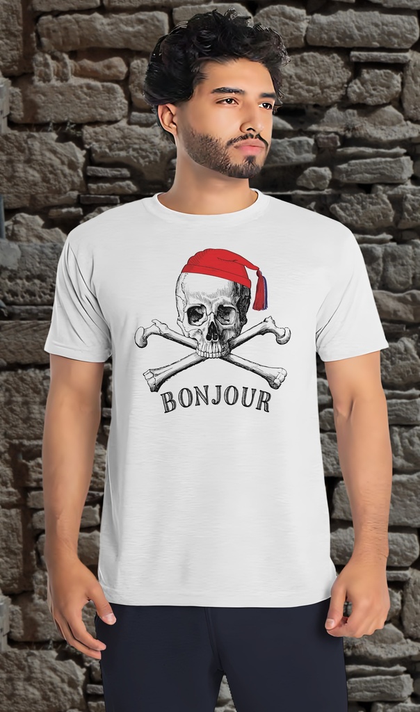 "Skull and Crossbones - Bonjour 2 Black" T-Shirt Unisex (Child 7-8, White)