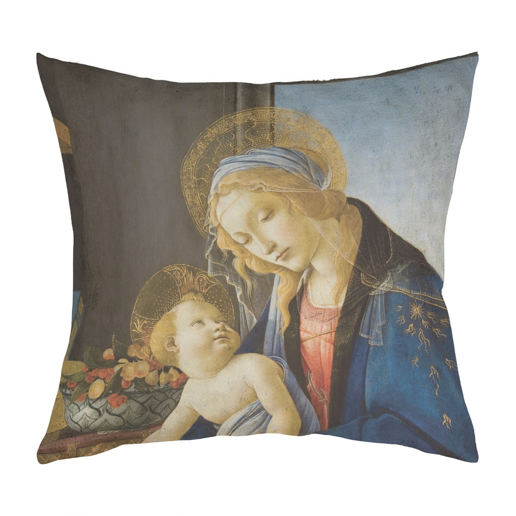 "The Virgin and Child" by Botticelli 40cm x 40cm Faux Leather Cushion Cover (Antique White)