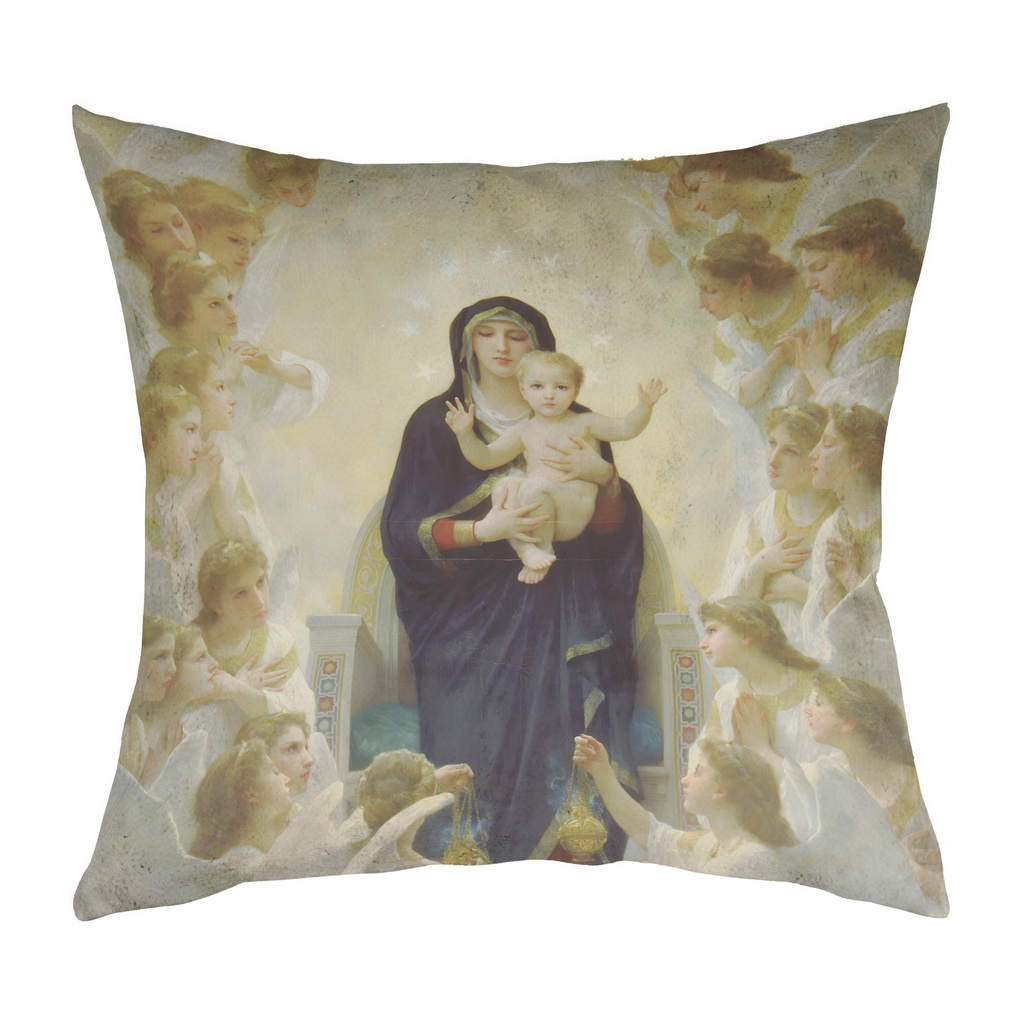 "La Vierge aux Anges" by William Bouguereau 40cm x 40cm Faux Leather Cushion Cover (Antique White)