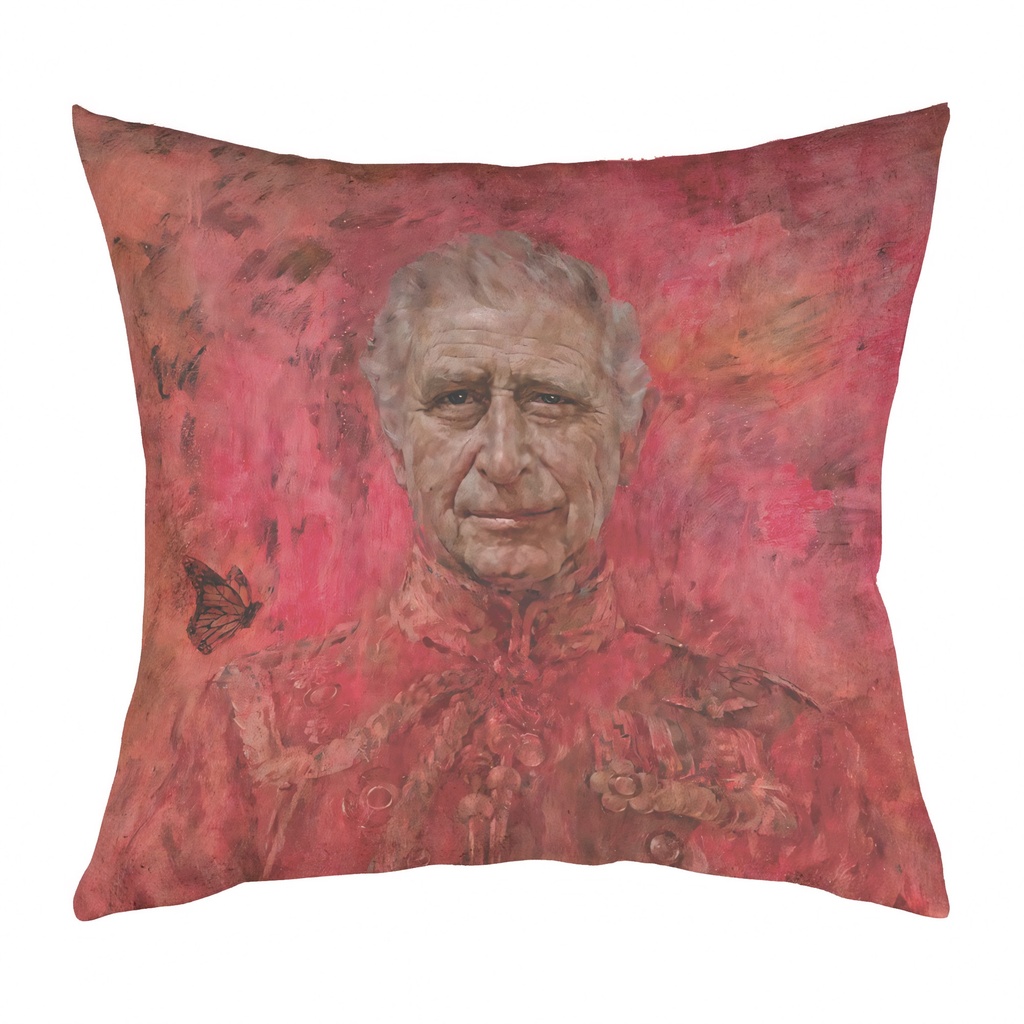 "Charles III - Red Portrait" 40cm x 40cm Faux Leather Cushion Cover 