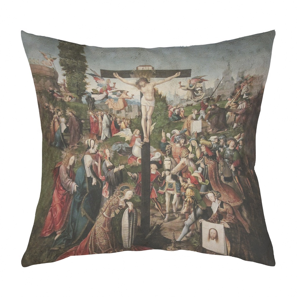 "The Crucifixion of Christ" 40cm x 40cm Faux Leather Cushion Cover (Antique White)
