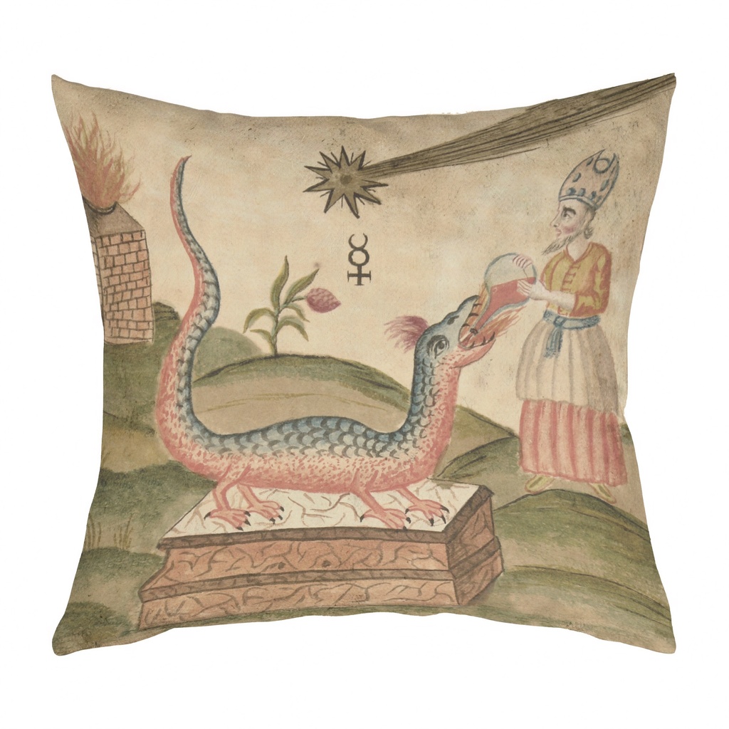 "Clavis Artis Extract - Feeding the Dragon" 40cm x 40cm Faux Leather Cushion Cover (Antique White)