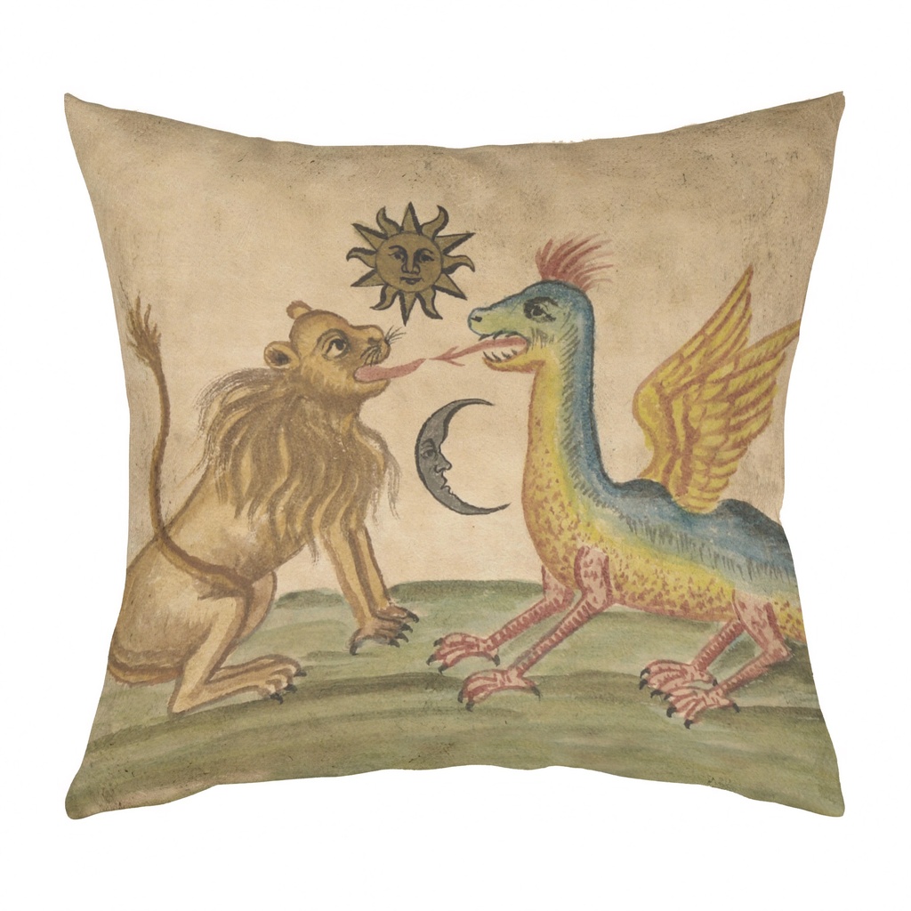 "Clavis Artis Extract - Lion and Dragon" 40cm x 40cm Faux Leather Cushion Cover (Antique White)